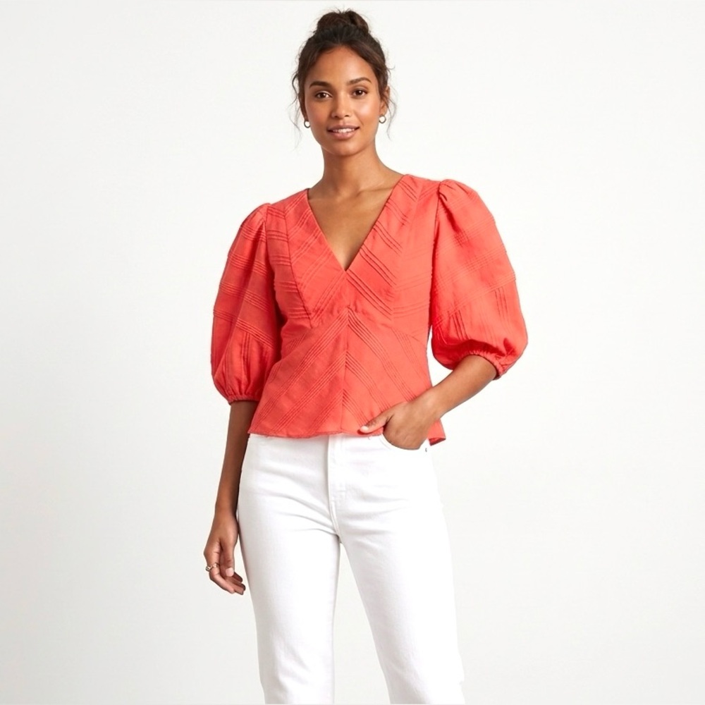 Rebecca Taylor 100% Cotton Lined Puff Sleeves V Neck Blouse Size 8 Coral